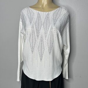Luna Women’s White Sweater Sz S Designs in Silver Diamonds on Front Long Sleeve